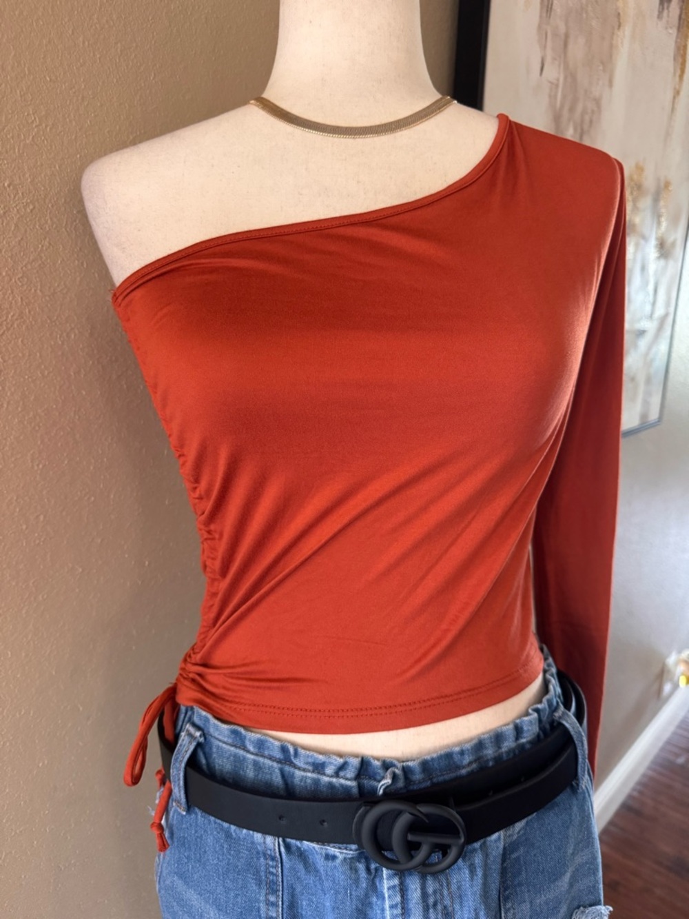 HEART & HIPS One-Shoulder Long-Sleeve Crop Top - Rust Orange - Picture 7 of 10